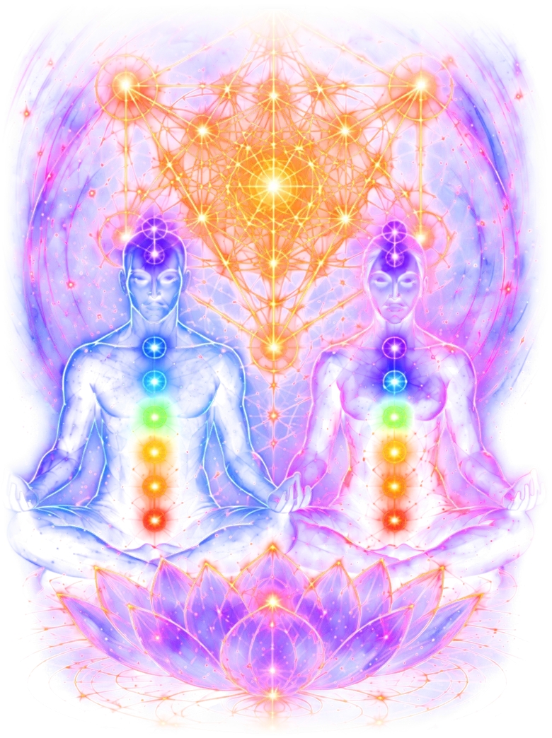 Two melanated meditators in lotus pose, chakras glowing, beneath a golden Metatron&rsquo;s cube